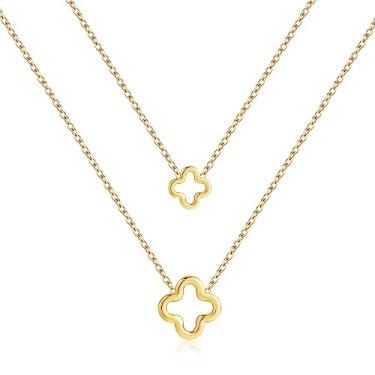 Imagem de YADUDA Conjunto de colar delicado de trevo de quatro folhas vazadas para mulheres em aço inoxidável banhado a ouro 18 quilates, joia com pingente de 4 folhas da sorte, Banhado a ouro, Sem Pedra Preciosa