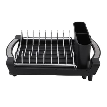 Imagem de Asixxsix Rack de secagem de pratos para balcão de cozinha, rack extensível de aço inoxidável à prova de ferrugem com escorredor e suporte removível para talheres (Preto)