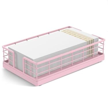 Imagem de Wican Suporte de toalha de hóspede bandeja para banheiro, suporte de guardanapos de carvalho e ferro para lavabo mesa de jantar cesta de madeira para toalhas de mão de papel descartáveis totalmente