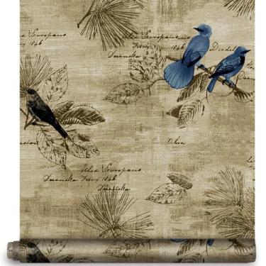 Imagem de Papel de parede floral de pássaro, papel de contato floral vintage autoadesivo para decoração de móveis, rolo de filme decorativo de vinil removível para decoração de quarto, armário de bancada, 45 x