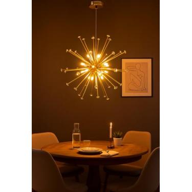 Imagem de Lustre Pendente Dourado Sputnik com Pedras de Cristal – 18 Lâmpadas LED G9 Inclusas – Iluminação Luxo 90W – Design Moderno e Sofisticado para Sala de Estar, Jantar e Ambientes Comerciais