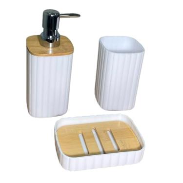 Imagem de Kit Banheiro 3 Peças, Saboneteira Líquida, Porta Escova e Porta Sabonete, Design Moderno com Bambu, Cinza (Branco)