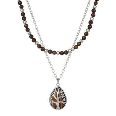 Imagem de Jules D. Colar com pingente de árvore da vida de pedra criada, boêmio, feito à mão, várias camadas, semipedras preciosas, para mulheres, boêmio, estilo ocidental, joias para mãe, Standard, Prata Prata