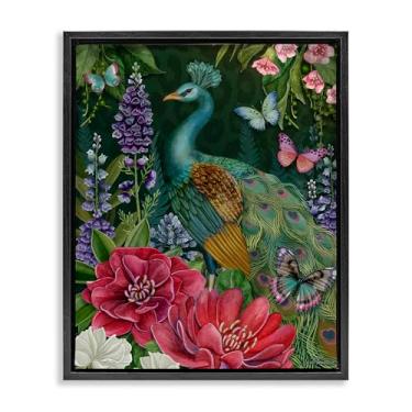 Imagem de Stupell Industries Design de parede em tela flutuante com motivo de jardim pavão preto emoldurado por Nicole Tamarin, 78 x 63 cm