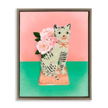 Imagem de Stupell Industries Escultura vintage de gato rosa e verde marrom moldura tela flutuante arte design de parede por Jilly Jack Designs, 78 x 63 cm