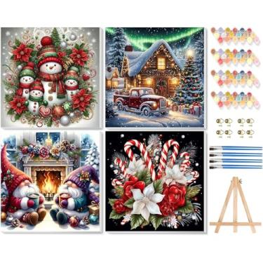 Imagem de Pacote com 4 kits de pintura de Natal por números para adultos com moldura, boneco de neve, gnomo, bengala doce, por número, com cavalete de madeira, faça você mesmo, caminhão doméstico, árvore de