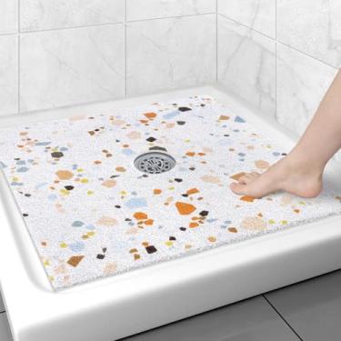 Imagem de Tapete de chuveiro quadrado antiderrapante: tapete de chuveiro de 78 x 78 cm com orifício de drenagem no meio, tapete de banho de massagem de bucha de PVC super macio e confortável para chuveiro