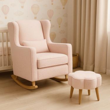 Imagem de Poltrona De Balanço Para Amamentação Com Puff Em Bouclé Rosa Cor Rosa