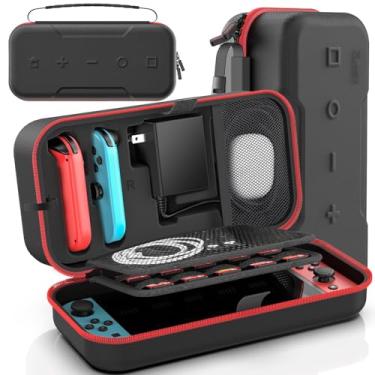 Imagem de Case de Transporte Rígido para Console Switch OLED – Bolsa Protetora com Espaço para 20 Jogos, Adaptador e Acessórios – Vermelho