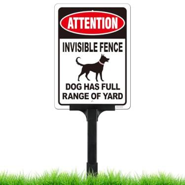 Imagem de Attention Placa Invisible Fence Dogs com conjunto de estaca de altura ajustável, cão tem alcance total de quintal, placa de cachorro 10x7 polegadas/10x7 polegadas/42 polegadas alta 50 mil espessura