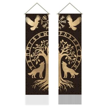 Imagem de AHANDMAKER 2 peças de tapeçaria de árvore da vida runa viking, tapeçaria de parede vertical de lobo águia, tapeçaria de parede com borla, decorações estéticas místicas para quarto e sala de estar