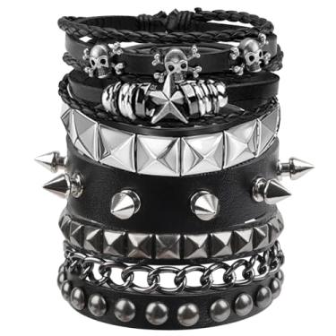 Imagem de Molirex Conjunto de 4 pulseiras de couro punk rock cravejadas para homens e mulheres acessórios góticos dos anos 80, One Size, Couro sintético, Liga metálica.