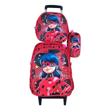 Imagem de Kit Mochila Infantil Feminina Lady Bug com Rodinhas + Lancheira Térmica + Estojo Escolar Infantil em Alto Relevo