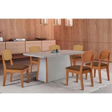 Imagem de Mesa Cozinha Tilia c/ Tampo Madeirado c/ Vidro Canto Curvo 180x90cm e 6 Cadeiras Havana Premium Naturale/Off White - Suede Marrom-Rufato