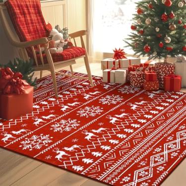 Imagem de Yamaziot Tapete de Natal, 10 x 15 cm Antiderrapante Lavável Floco de Neve Tapete para Sala de Estar com Base de Borracha, Tapete Vermelho Macio de Lã Sintética para Decoração de Férias