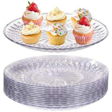 Imagem de 12 bandejas redondas de plástico para servir, bandejas de 30,5 cm, pratos de plástico empilháveis, pratos de pudim cristalinos para sobremesas, cupcakes, lanches, ideais para casamentos, festas e casa