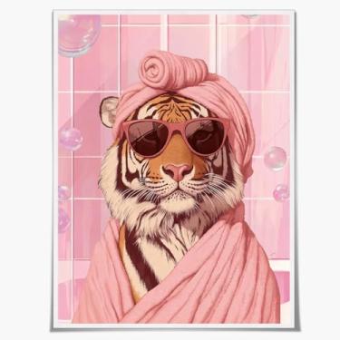 Imagem de Arte de parede de banheiro de tigre rosa - decoração moderna maximalista, decoração de quarto estética elegante, pôster com estampa de animal, decoração de banheiro de animal feminino - 40,6 x 61 cm
