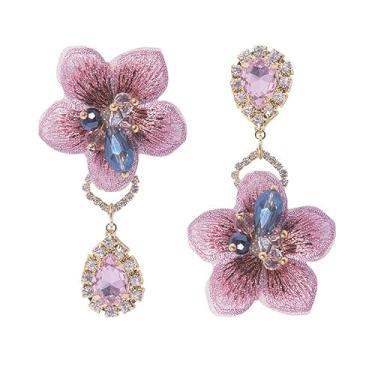 Imagem de Brinco Festa Rosa Noivado Debutante Zircônia Flor Gota Grande Assimetrico Diferente - Brinco Noiva 15 Anos Datas Especiais Cristais Pedra Brilho - Presente Esposa Mãe Amor Namorada Fofo