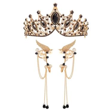 Imagem de CoTeeZa Coroa de rainha renascentista para mulheres – Tiara gótica preta com punhos de elfo para concurso de noiva, baile de formatura, festa de princesa, acessório de bruxa escura para cosplay de