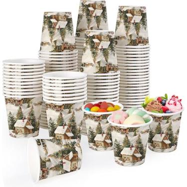 Imagem de Tlenpo 100 pacotes de copos de papel de Natal de 255 g, decoração de padrão de noite de neve de Natal, espessos de 280 g/m², podem ser usados para bebidas quentes e frias, adequado para festas e