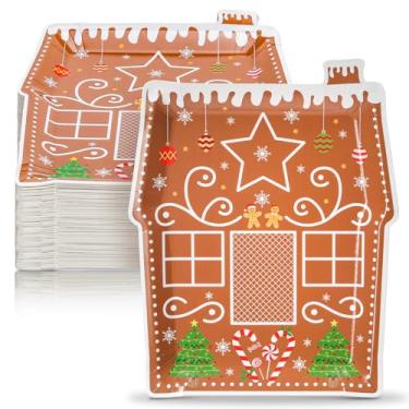 Imagem de Potchen 150 peças de pratos de papel de Natal, pratos descartáveis em forma de casa de pão de gengibre, prato decorativo de mesa, prato de jantar para pão de gengibre, artigos de festa de Natal