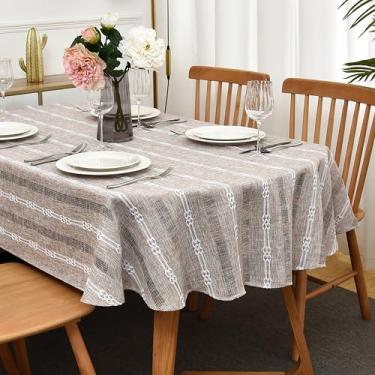 Imagem de Limalred Toalha de mesa oval bordada listrada rústica, resistente a vincos, de linho pesado, resistente a rugas, capa de mesa de jantar para cozinha, festa, banquete, decoração, 132 x 182 cm, marrom