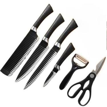 Imagem de Kit 6 Peças Conjunto de Faca Carne Cutelo Legumes Aço Carbono Descascador Tesoura Profissional (preto)