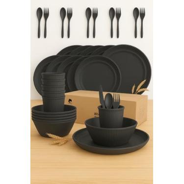 Imagem de Conjunto de pratos e tigelas de plástico OAMCEG com canudo de trigo, prato de jantar quadrado, prato de sobremesa, tigela de cereal, copo, talheres, lava-louças, micro-ondas, preto