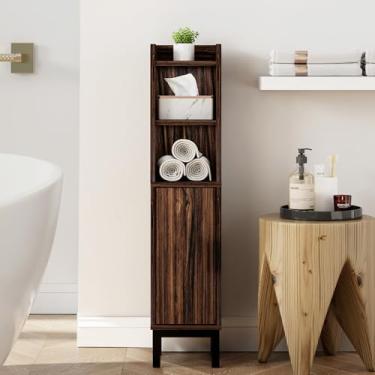 Imagem de FerniTry Armário de banheiro pequeno, armário de canto com porta e prateleiras, armário de papel higiênico estreito, organizador de banheiro com prateleira ajustável, para espaços pequenos (nogueira)