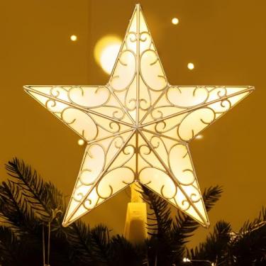 Imagem de Nuanchu Enfeite de árvore de estrela de Natal com brilho de 26 x 24 cm, enfeite de estrela de Natal com 20 luzes de LED refletor de Natal e decorações iluminadas de topo de árvore (dourado
