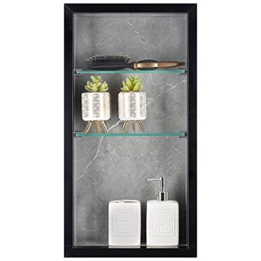Imagem de Nicho Vertical em Porcelanato Polido (Cinza/Preto) - 2 Prateleiras de Vidro, Borda em Alumínio, 60x30x11 cm, Para Banheiro, Organizador de Produtos de Higiene
