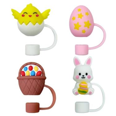 Imagem de Capas de palha fofas de 10 mm 1 cm, 4 peças, capa de canudo Stanley, design de ovos de páscoa, coelhinho, tampões, reutilizáveis, acessórios para decoração de copos