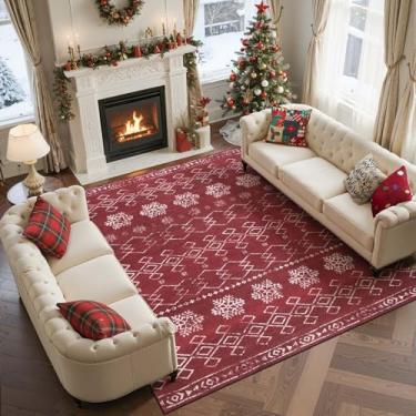 Imagem de jinchan Tapete de Natal com floco de neve 20 x 25 cm para sala de estar lavável grande tapete de quarto de Natal vermelho tapete geométrico antiderrapante macio tapete de inverno treliça decoração de