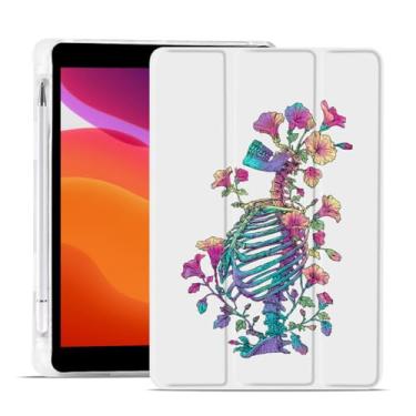 Imagem de MAYCARI Capa de Halloween para iPad de 10,2 polegadas 2021/2020/2019 com suporte para lápis, flores originais caveira iPad 9ª/8ª/7ª geração, capa protetora traseira de TPU macio, capa fina hibernar