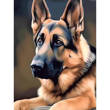 Imagem de YL Mainland DIY A Melancolia Pastor Alemão Pintura Diamante Pastor Alemão Pintura por Números para Adultos Kits de Arte de Diamante Redondo Completo para Decoração de Quarto Decoração de Sala de Estar