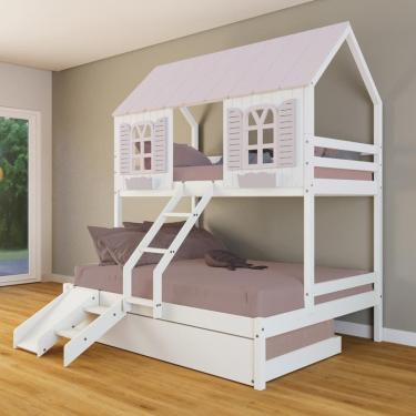 Imagem de Treliche Casal/ Solteiro Casinha Bela com Kit Escada/Escorregador - Madeira Maciça Branco/Rosa | Housin