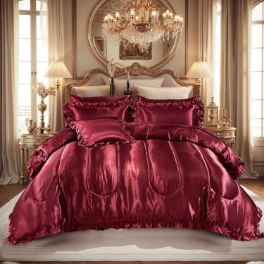 Imagem de Conjunto de edredom de cetim tipo seda com conjunto de lençol Queen, 8 peças, bordô, estampa de babados sedosos, hotel de luxo, cama sedosa em uma bolsa com 1 capa de almofada