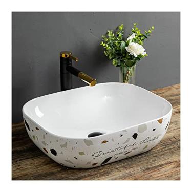 Imagem de Pia de banheiro pia de vaso com torneira preta, pia de vaso de banheiro de cerâmica moderna acima do balcão lavatório pia de porcelana arte bacia pia de vaso (tamanho: G)