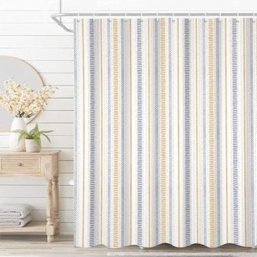 Imagem de Umpoo Cortina de chuveiro listrada Boho 182 x 182 cm estampa geométrica azul e amarelo boêmio, minimalista, decoração de banheiro, lavável na máquina, impermeável, acessórios de tecido de poliéster