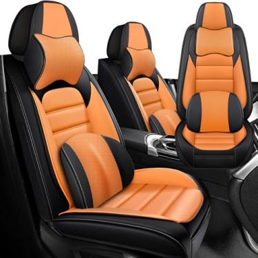 Imagem de Iceleather Capas de assento de carro de luxo para BMW M3 2001-2013, capa de assento de couro PU macio respirável impermeável com bolsos de armazenamento (preto e laranja, conjunto frontal com