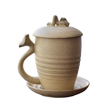 Imagem de Caneca de cerâmica Caneca de cerâmica Caneca de quatro peças Caneca de capacidade feita à mão Filtro Copo de água com tampa Bule de chá requintado Copo de chá portátil 300ml Casa e escritório (Cor: marrom)