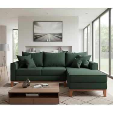 Imagem de Sofá Beny com Chaise Direita, 2,20x1,40m, 3 Lugares, Linho, Base em Madeira. (Verde)