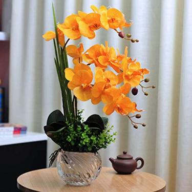 Imagem de DCYEQRQ Flor artificial em vaso Phalaenopsis Orquídea Arranjo de flores artificiais, orquídeas artificiais de poliuretano com vaso de vidro, mesa de jantar de festa de casamento, decoração de mesa de