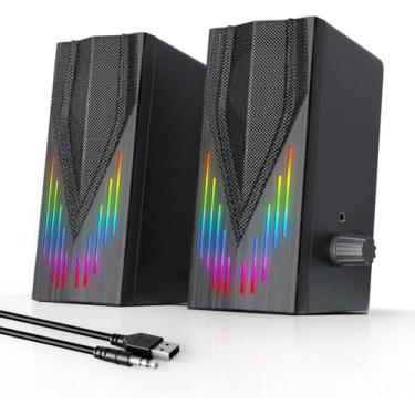 Imagem de Uakinat Alto-falantes de computador com 6 luzes RGB coloridas, alimentado por USB auxiliar de 3,5 mm com som estéreo alto, entrada de fone de ouvido para desktop, PC/laptop/tablet
