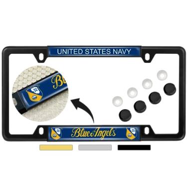 Imagem de [Produto Oficialmente Licenciado] - Esquadrão de Demonstração de Voo dos Anjos Azul Marinho dos EUA - Moldura de placa de carro de metal de 4 furos personalizada com cúpulas personalizadas - Preto