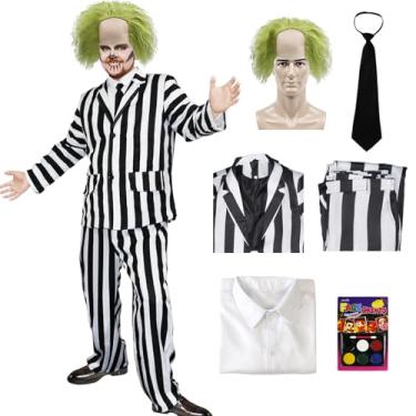 Imagem de Tikitup Terno masculino listrado preto e branco com peruca, 6 peças, fantasia cosplay de personagem de filme de terror para Halloween, Preto, branco., G