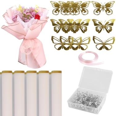 Imagem de Papel de embrulho de flores, 20 folhas, buquê de flores, papel de embrulho com borboleta 3D, alfinetes e fita para embalagem de suprimentos para floristas, artesanato DIY, presente de aniversário