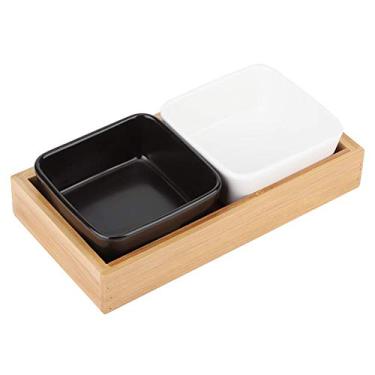 Imagem de Bandeja de servir de cerâmica com divisórias, bandeja de servir em preto e branco dividida com 2 ou 4 seções, bandeja quadrada de madeira para saborear bar de festa, comida, lanche, frutas, suporte