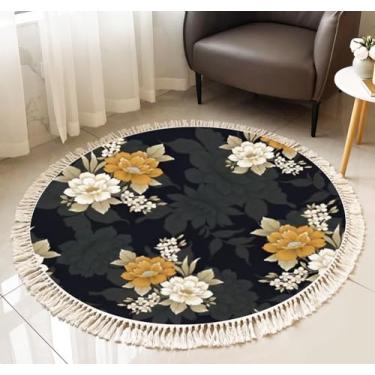 Imagem de Tapete redondo com franja floral sem costura, preto, boho, borla, linho, tecido, à mão, pátio, corredor, corredor, decoração de casa, sala de estar, banheiro, mesa, 90 cm