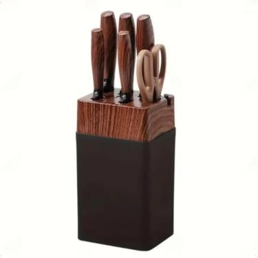 Imagem de Conjunto de Facas com Suporte, 7 Peças, Faqueiro em Aço Inox com Tesoura e Afiador, Base Luxo para Cozinha